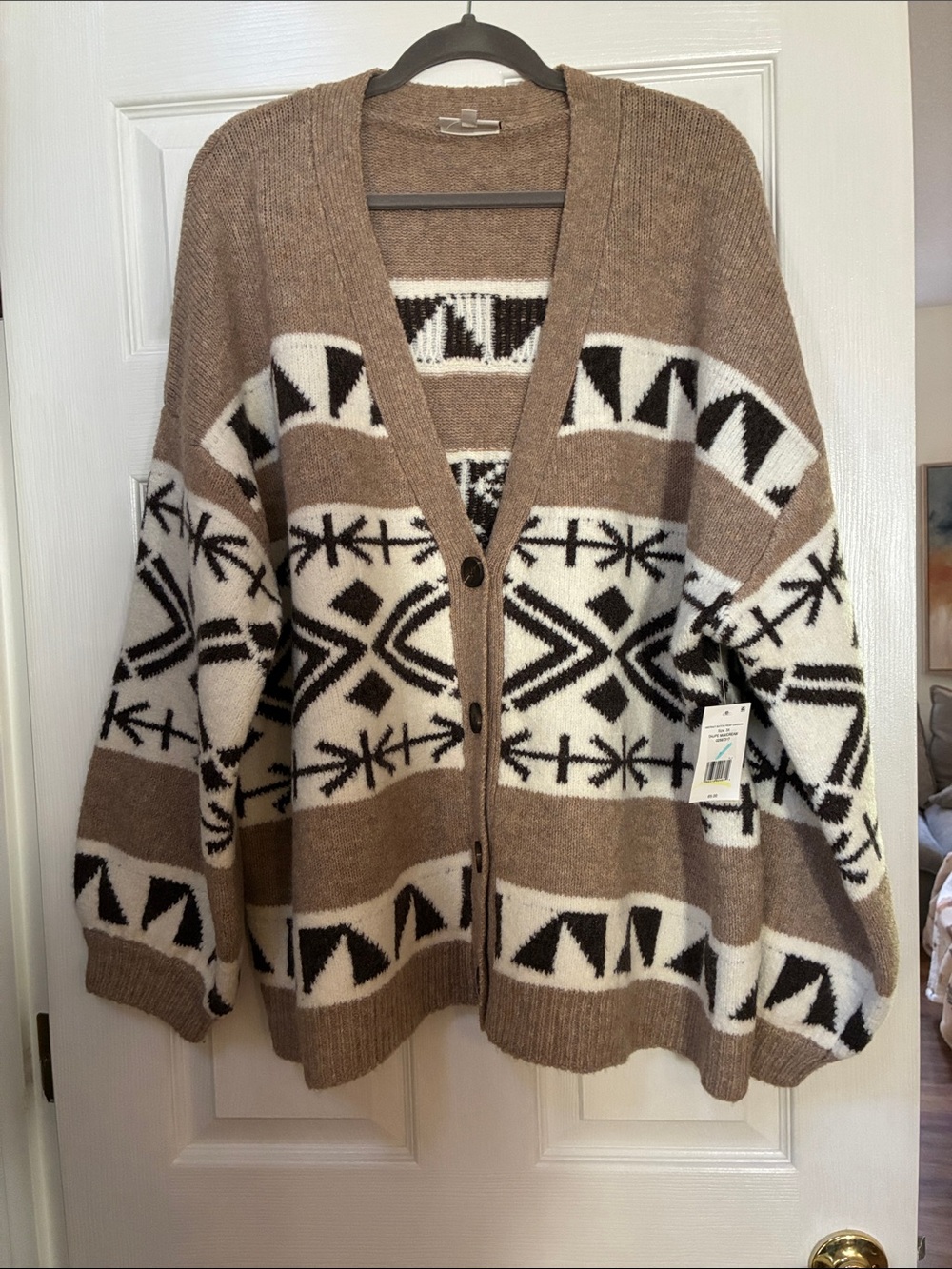 Oversized Geo-Pattern Button Front Cardigan - Brown/White/Black